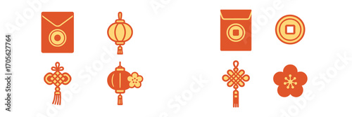 Traditional Chinese New Year symbols: red envelopes, lanterns, lucky knots, plum blossom