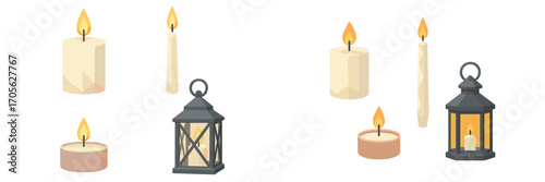 Collection of candles and lantern with glowing flames, isolated on white