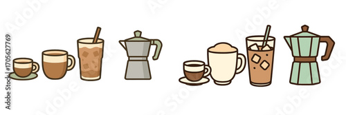 Assorted coffee beverages and brewing devices in flat graphic style