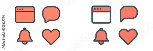 Social media icons: chat bubble, bell, heart, browser window