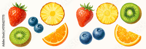 Assortment of fresh fruits including strawberries, blueberries, kiwi, orange slices, and pineapple rings