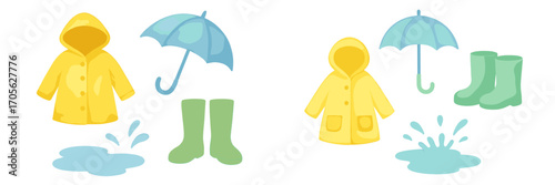 Yellow raincoat, blue umbrella, green boots near puddles