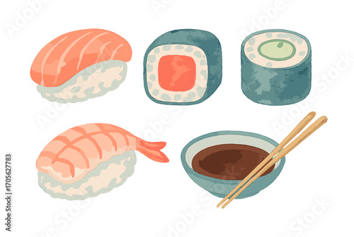 Assorted Watercolor Sushi: Salmon Nigiri, Tuna Roll, Cucumber Maki, Shrimp Nigiri