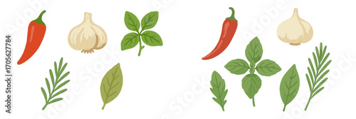 Fresh herbs and spices collection with chili, garlic, basil, rosemary, bay leaf
