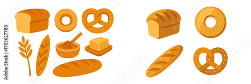 Assortment of baked goods, honey, and butter in flat design style