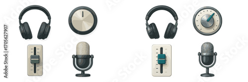 Modern audio equipment icons with headphones, microphone, fader, and control knobs for sound production
