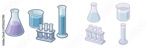 Laboratory glassware set for scientific experiments with beakers, flasks, test tubes, graduated cylinders