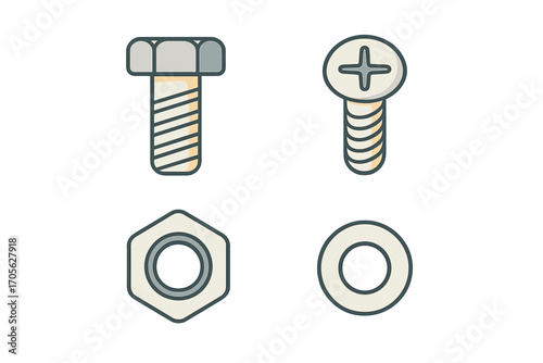 Set of essential metal hardware components including a bolt, screw, nut, and washer for construction and repair