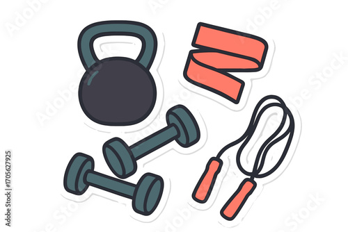 Fitness equipment set with kettlebell, dumbbells, resistance band, and jump rope for home gym and strength training