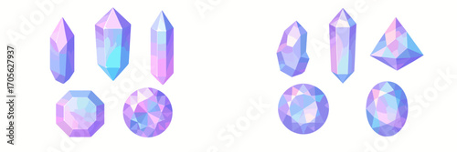 Collection of sparkling colorful gemstones and crystals in various shapes and cuts with vibrant gradient hues