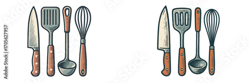 Classic kitchen utensils set with chef's knife, slotted spatula, soup ladle, and wire whisk for cooking and baking