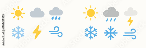 Comprehensive collection of diverse weather forecast symbols including sun, clouds, rain, snow, lightning, and wind