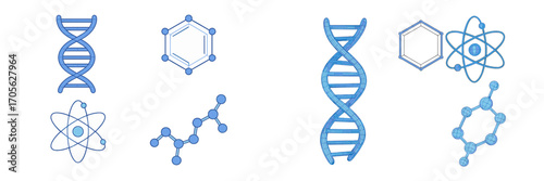 Collection of scientific symbols representing DNA strands, atomic structures, and various molecular bonds for biology and chemistry concepts