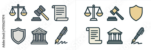 Essential elements of the legal justice system: scales, gavel, document, shield, courthouse, fountain pen