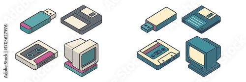 Collection of isometric retro technology devices including floppy disks, USB drives, cassette tapes, and CRT monitors