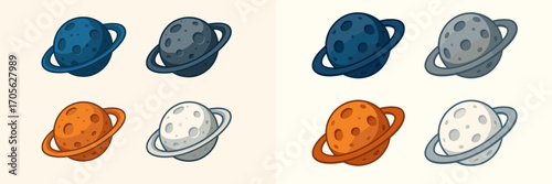 Set of stylized planets with orbital rings in different colors, depicting celestial bodies for space exploration