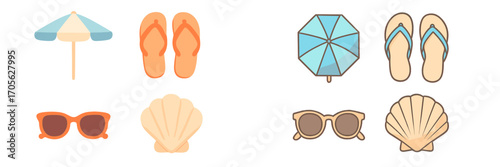 Collection of summer beach vacation accessories including umbrellas, flip flops, sunglasses, and seashells