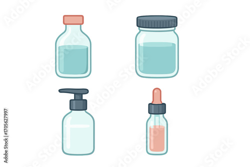 Assortment of cosmetic and medical liquid containers including pump, dropper, and capped bottles and jars for personal care products