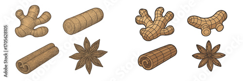 Fresh ginger root, rolled cinnamon sticks, and dried star anise pods, a collection of aromatic spices for cooking