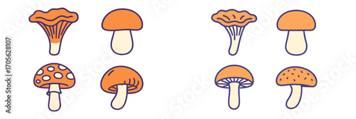 A vibrant collection of stylized orange and cream mushrooms featuring various cap and stem shapes, perfect for autumn designs