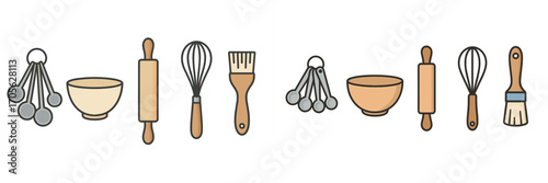 Assortment of essential kitchen baking tools including measuring spoons bowls rolling pins whisks and pastry brushes