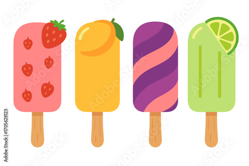 Assortment of colorful fruit flavored popsicles on wooden sticks for summer refreshment and sweet dessert treats