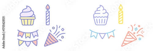 Collection of pastel birthday celebration party elements including cupcakes, candles, bunting flags, and confetti poppers