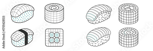 Collection of popular Japanese cuisine sushi and maki dishes presented with a modern isometric aesthetic and vibrant colors