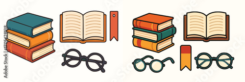 Various stacked books, open book, colorful bookmarks, and different round reading glasses for education