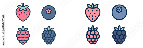 Vibrant collection of sweet garden berries including strawberries, blueberries, raspberries, and blackberries with simple shapes