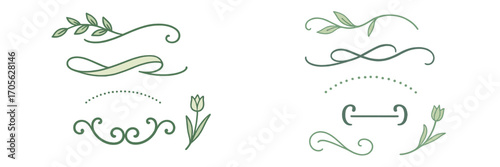 Assortment of elegant green floral dividers, decorative flourishes, and ornamental design elements for graphic projects