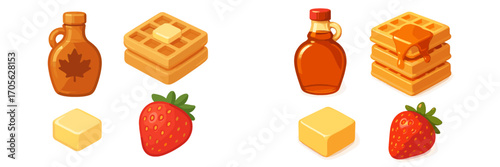 Appetizing breakfast spread featuring golden waffles, sweet maple syrup, fresh strawberries, and creamy butter