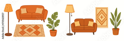 Collection of cozy living room furniture and decor items including comfortable sofas, floor lamps, houseplants, and patterned rugs