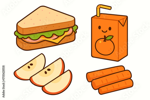 Assortment of healthy lunch items featuring a sandwich, orange juice box, fresh apple slices, and baby carrots for a nutritious meal