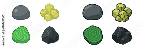 Assortment of natural geological elements featuring smooth stones, faceted gems, and patterned rocks and minerals with distinct shapes, textures, and colors