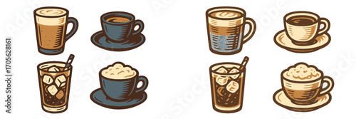 Set of classic and modern coffee preparations featuring hot and cold drinks in various serving vessels