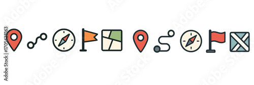 Comprehensive collection of navigation and location icons, including map pins, compass, route, and destination flags, essential for modern digital interfaces