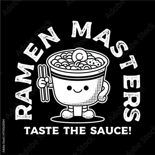 Adorable cartoon ramen noodle cup mascot, a happy Japanese food character with chopsticks smiling, isolated on a black background