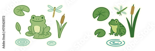 Adorable pond life collection featuring happy frogs, green lily pads, flying dragonflies, and tall cattails