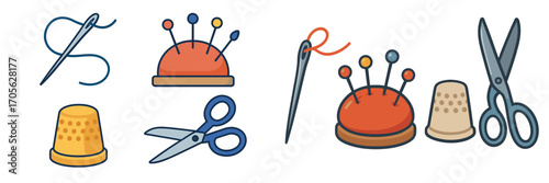 Assortment of essential sewing and tailoring tools including needles, pincushions, thimbles, and scissors for craft projects