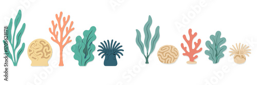 Vibrant marine life elements with coral reef, seaweed, and anemones in a layered paper cut style, showcasing a beautiful underwater ecosystem and aquatic flora