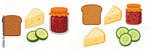 Delicious breakfast and snack ingredients assortment featuring bread, cheese, fruit jam, and fresh cucumber slices