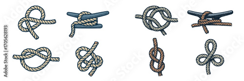 Diverse collection of nautical rope knots and cleat hitches for sailing, boating, and marine activities