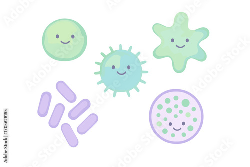 Cute smiling microbes, bacteria, viruses, and amoeba in a diverse collection of shapes and forms, representing microscopic life