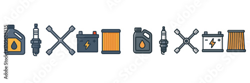 Automotive service parts and tools for vehicle maintenance and repair: engine oil, spark plugs, car battery, air filter