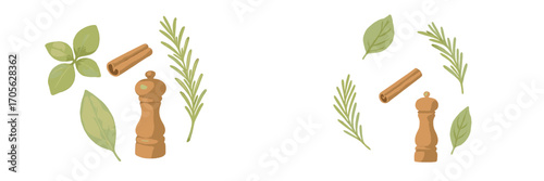 Fresh green herbs, aromatic spices, and a classic wooden pepper mill, ideal for culinary applications and cooking
