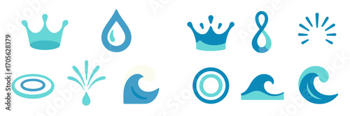 Abstract collection of stylized water elements featuring drops, waves, and crowns in various blue tones