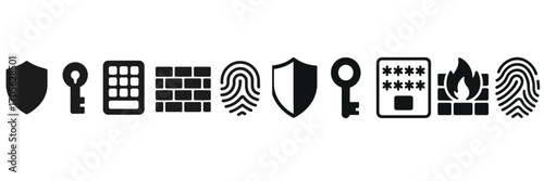 Digital security and data protection icons set with various symbols for online safety and access control