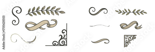 Elegant vintage decorative elements with ornate swirls, ribbons, and botanical leaf branches for classic design projects and embellishments