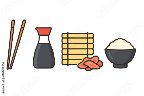 Traditional Japanese cuisine elements including chopsticks, soy sauce, sushi rolling mat, pickled ginger, and a bowl of white rice